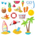 Summer vector icons and design elements isolated on white background. Travel, tourism and vacation illustration Royalty Free Stock Photo