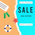 Summer Vector illustration with beach, sand, sea, ocean, star elements. Aqua blue sea. Sale banner template design. Big sale Royalty Free Stock Photo