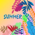 Summer vector illustration with bright tropical leaves and elements. Hand drawn multicolor plants and lettering Exotic background