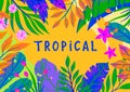 Summer vector illustration with bright tropical leaves,flowers and elements