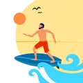 Summer vector illustration with cartoon surfing boy on the surf board, decor elements. Colorful flat style. hand drawing. Surfing. Royalty Free Stock Photo