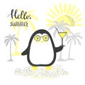 Summer vector illustration with cute penguin on the beach. Tropical poster