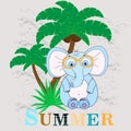 Summer vector illustration of an elephant with a palm tree. Design of a greeting card.