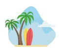 Summer vector illustration with palm trees and surfboards. Beach holiday Royalty Free Stock Photo