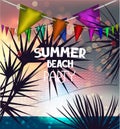 Summer vector illustration with sunset beach landscape silhouettes of palm trees and volleyball net. Royalty Free Stock Photo