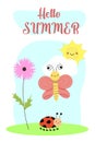 Summer vector illustration template. Summer meadow nature background with butterfly, ladybug. plant, chamomile flowers Royalty Free Stock Photo