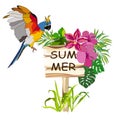 1666 summer, illustration, tree board in tropical flowers and leaves, with parrot, isolate on a white background