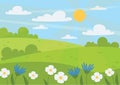 Summer vector landscape. Beautiful background. Meadow, glade, flowers, bushes, sky, sun and clouds.