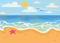 Summer vector landscape. Beautiful background. Ocean or sea, sandy beach, sky, sun and clouds. Royalty Free Stock Photo