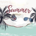 Summer vector poster design with hat, palms, glasses and sea. He Royalty Free Stock Photo