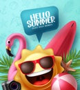 Summer vector poster design. Hello summer greeting text in speech bubble with sun emoji character