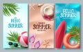 Summer vector poster set design. Hello summer greeting text collection with beach elements Royalty Free Stock Photo