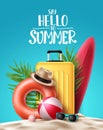 Summer vector poster set design. Hello summer greeting text collection with beach elements Royalty Free Stock Photo