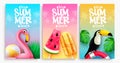 Summer vector poster set design. It`s summer time text in colorful background with flamingo, toucan and popsicles elements. Royalty Free Stock Photo