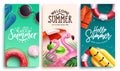 Summer vector poster set design. Summer season text with outdoor tropical season elements for sunny holiday collection. Royalty Free Stock Photo