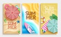 Summer vector poster set design. Summer text in sand beach background with tropical season elements for relax holiday outdoor. Royalty Free Stock Photo