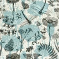 Summer vector seamless pattern. Botanical wallpaper. Plants, insects, flowers in vintage style. Butterflies, dragonflies Royalty Free Stock Photo