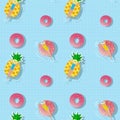 Summer vector seamless pattern. Girls swim and sunbathe on an air mattress, as well as inflatable circles. On a light