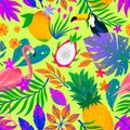 Summer vector seamless pattern with hand drawn tropical leaves,birds and fruits Royalty Free Stock Photo