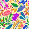 Summer vector seamless pattern with hand drawn tropical leaves,flamingo and flowers Royalty Free Stock Photo