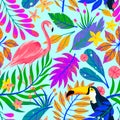 Summer vector seamless pattern with hand drawn tropical leaves,flamingo and toucan Royalty Free Stock Photo