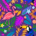 Summer vector seamless pattern with hand drawn tropical leaves,flamingo and toucan Royalty Free Stock Photo