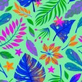 Summer vector seamless pattern with hand drawn tropical leaves,flowers and elements Royalty Free Stock Photo