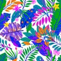 Summer vector seamless pattern with hand drawn tropical leaves,flowers and elements Royalty Free Stock Photo