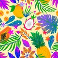 Summer vector seamless pattern with hand drawn tropical leaves,fruits and flowers Royalty Free Stock Photo