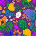 Summer vector seamless pattern with hand drawn tropical leaves,fruits and flowers Royalty Free Stock Photo