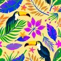 Summer vector seamless pattern with hand drawn tropical leaves,toucans and flowers Royalty Free Stock Photo