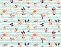 Summer vector seamless pattern. People swimming in the sea