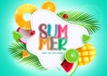 Summer vector template design. Summer text with tropical season sliced fruit elements in empty space. Royalty Free Stock Photo