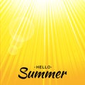 Summer vector yellow glow background with sun rays and bubbles. Sunlight orange backdrop. Lettering Hello Summer