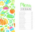 Summer Vegan Design with Raw Fruit and Vegetable Menu Card Vector Template