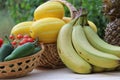 Summer Vegetable Harvest - Ginkaku Korean Melons with Pineapple, Bananas, Jalapeno Peppers and Tomato Royalty Free Stock Photo