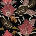 Summer vegetable seamless pattern. Nice. Beautiful ornament with interlacing branches and flowers on dark background