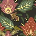 Summer vegetable seamless pattern. Nice. Beautiful ornament with interlacing branches and flowers on dark background