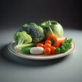 Summer vegetables, green broccoli, lettuce, red tomatoes and peppers on plate
