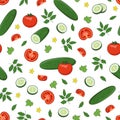 Summer vegetables seamless pattern - cucumbers, tomatoes, flowers and leaves