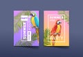 Summer Vibe Party Poster and Ticket with Parrot and Palm Leaves. Social Media Promo Design, Tropical Island Invitation