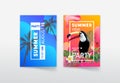 Summer Vibe Party Poster and Ticket with Toucan, Palm Tree, Leaves and Tropical Flowers. Invitation Card Design