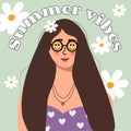 Summer vibes. beautiful woman with dark hair on a background of flowers. Vector concept for Mother is Day, Valentine is