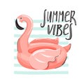 Summer vibes. Flamingo inflatable swimming pool ring with lettering. Royalty Free Stock Photo