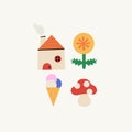 Summer vibes labels collection, flower, ice cream mushroom and house