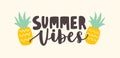 Summer Vibes lettering handwritten with cursive calligraphic font and decorated by pineapples. Trendy summertime