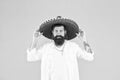 Summer vibes. mature bearded hipster in sombrero. summer holiday and vacation. happy mexican man wearing traditional Royalty Free Stock Photo