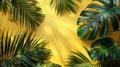 Summer Vibes: Minimal Green Tropical Palm Leaves on Yellow Background with Sunlight - Creative Flat Lay