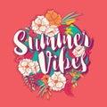 Summer vibes typography banner round design in tropical flower frame