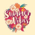 Summer vibes typography banner round design in tropical flower frame